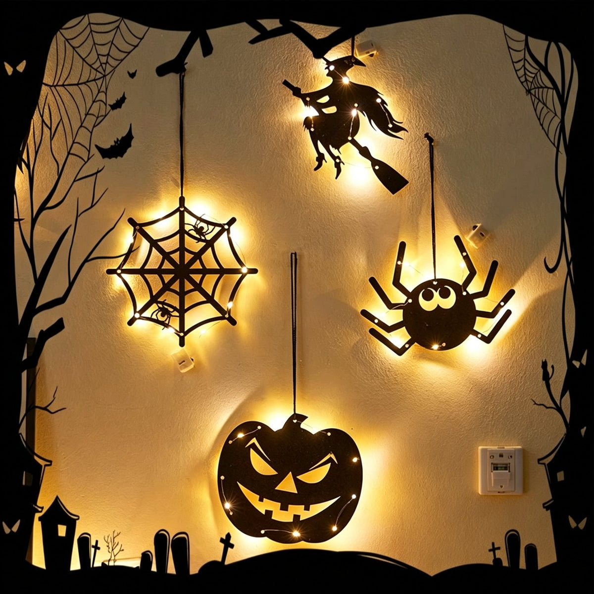 Halloween acrylic wall art lights hanging at night — witch, spider web, spider and jack-o'-lantern silhouettes glowing with warm LED fairy lights