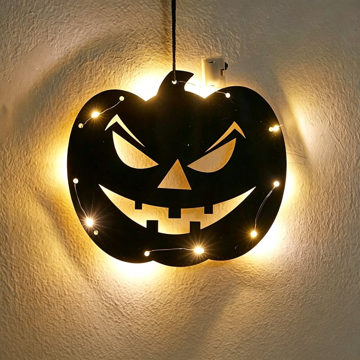 Halloween pumpkin acrylic wall art light — black jack-o'-lantern silhouette glowing with warm LED fairy lights against a textured wall