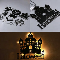 Halloween acrylic wall art light set contents — silhouette cut-outs with LED fairy lights and battery box, shown flat, in close-up and lit on a wall