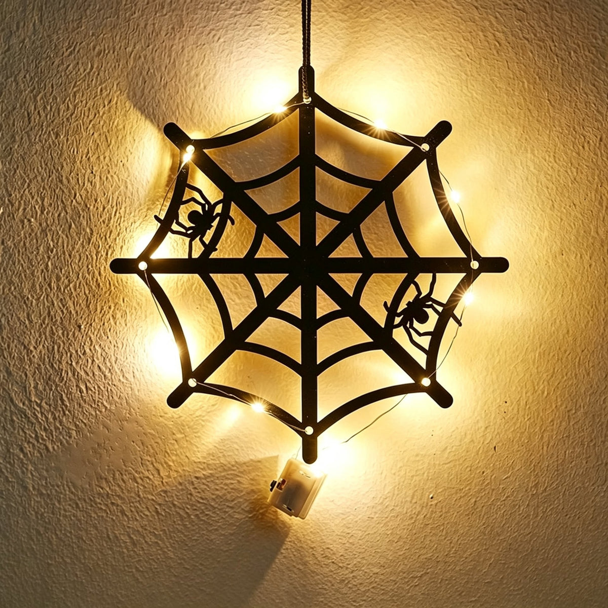 Halloween spider web acrylic wall art light — black cobweb with two crawling spiders glowing with warm LED fairy lights